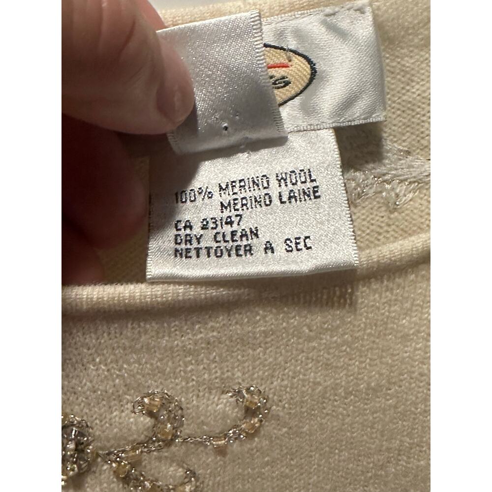 Talbots Women’s Merino Wool Silver Gold Crystal Sweater Ivory Large Pullover VTG - Picture 2 of 6